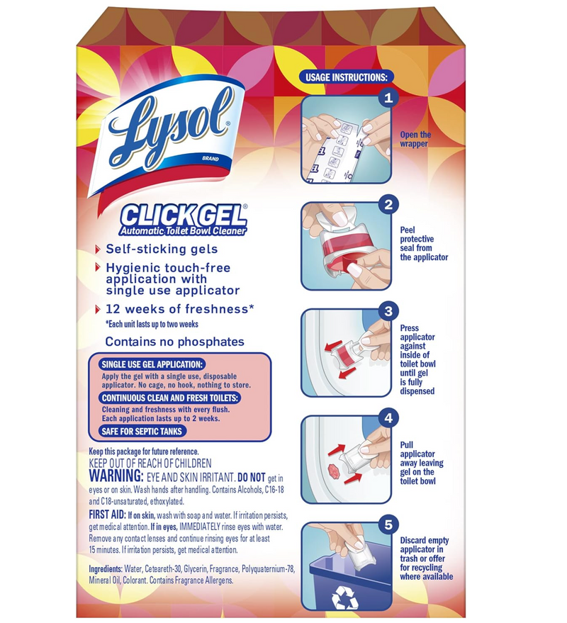 Lysol Click Gel Automatic Toilet Bowl Cleaner, Gel Toilet Bowl Cleaner, For Cleaning and Refreshing, Mango & Hibiscus, 6 applicators