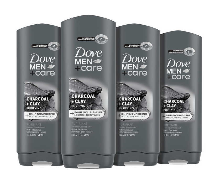 DOVE MEN + CARE Elements Body Wash Charcoal + Clay 4 Count For Men's Skin Care Effectively Washes Away Bacteria While Nourishing Your Skin, 18 oz