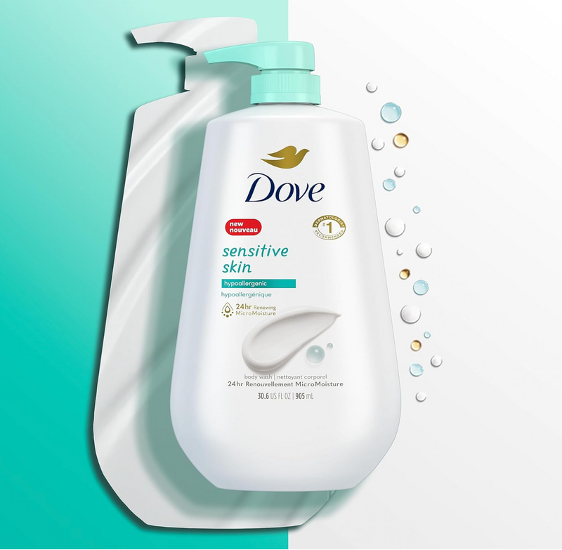 Dove Body Wash with Pump Sensitive Skin Hypoallergenic, Paraben-Free, Sulfate-Free, Cruelty-Free, Moisturizing Skin Cleanser Effectively Washes Away Bacteria While Nourishing Skin 30.6 oz