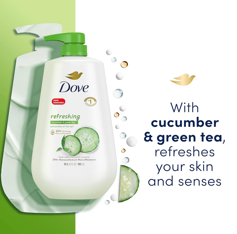 Dove Body Wash with Pump Refreshing Cucumber and Green Tea Refreshes Skin Cleanser That Effectively Washes Away Bacteria While Nourishing Your Skin 30.6 Fl oz(Pack of 3)