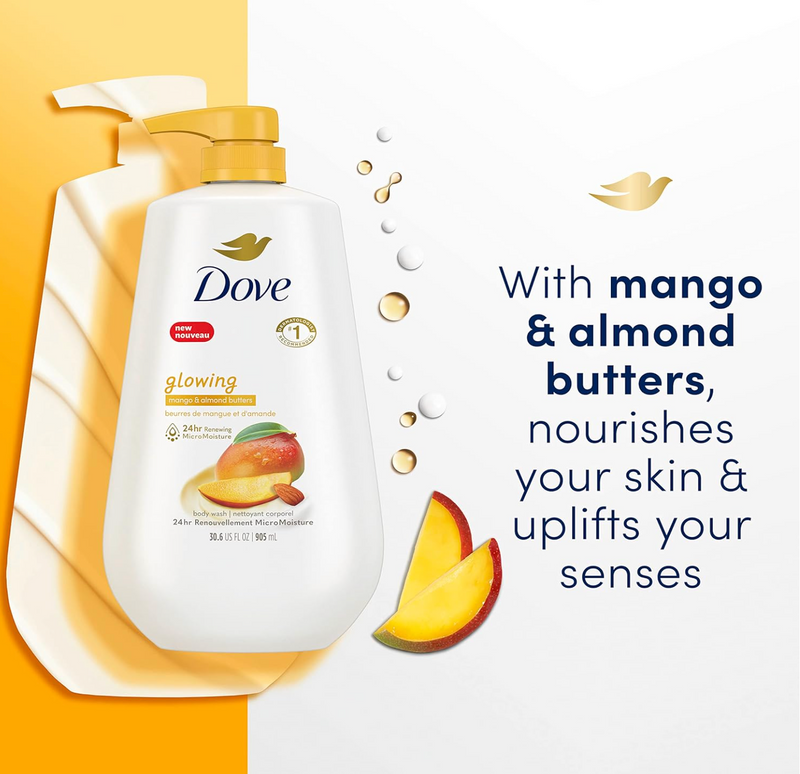 Dove Body Wash with Pump Glowing Mango & Almond Butter 3 Count for Renewed, Healthy-Looking Skin Gentle Skin Cleanser with 24hr Renewing MicroMoisture 30.6 oz