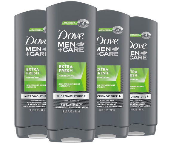 DOVE MEN + CARE Body Wash Extra Fresh for Men's Skin Care Body Wash Effectively Washes Away Bacteria While Nourishing Your Skin, 18 Fl Oz (Pack of 4)