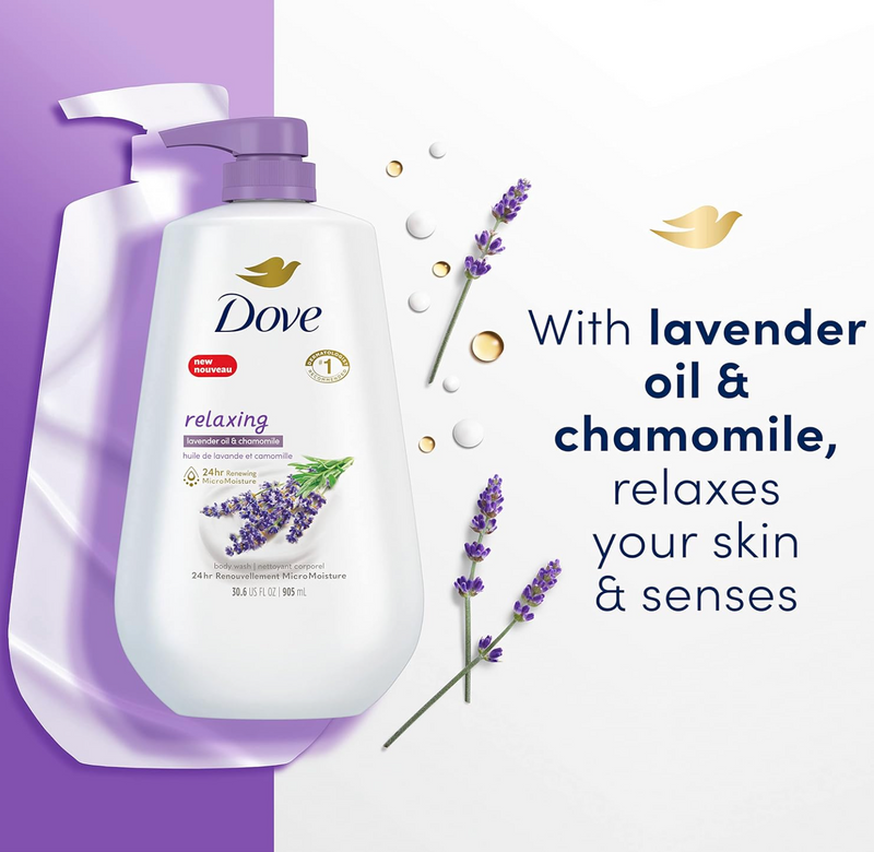 Dove Body Wash with Pump Relaxing Lavender Oil & Chamomile 3 Count for Renewed, Healthy-Looking Skin Gentle Skin Cleanser with 24hr Renewing MicroMoisture 30.6 oz