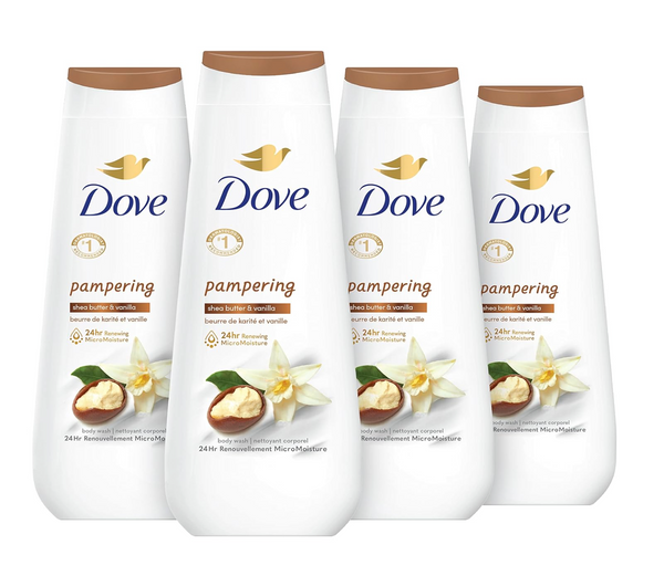 Dove Body Wash Pampering Shea Butter & Vanilla 4 Count for Renewed, Healthy-Looking Skin Gentle Skin Cleanser with 24hr Renewing MicroMoisture 20 oz