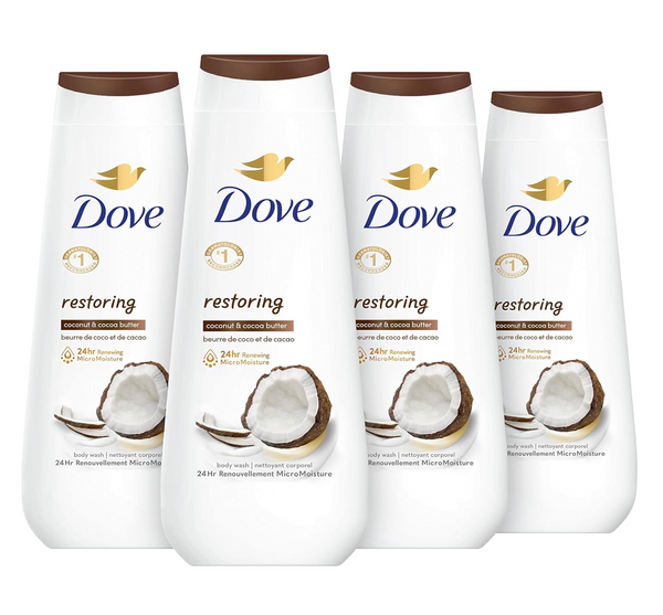 Dove Body Wash Restoring Coconut & Cocoa Butter 4 Count for Renewed, Healthy-Looking Skin Gentle Skin Cleanser That Effectively Washes Away Bacteria While Nourishing Your Skin 20 oz