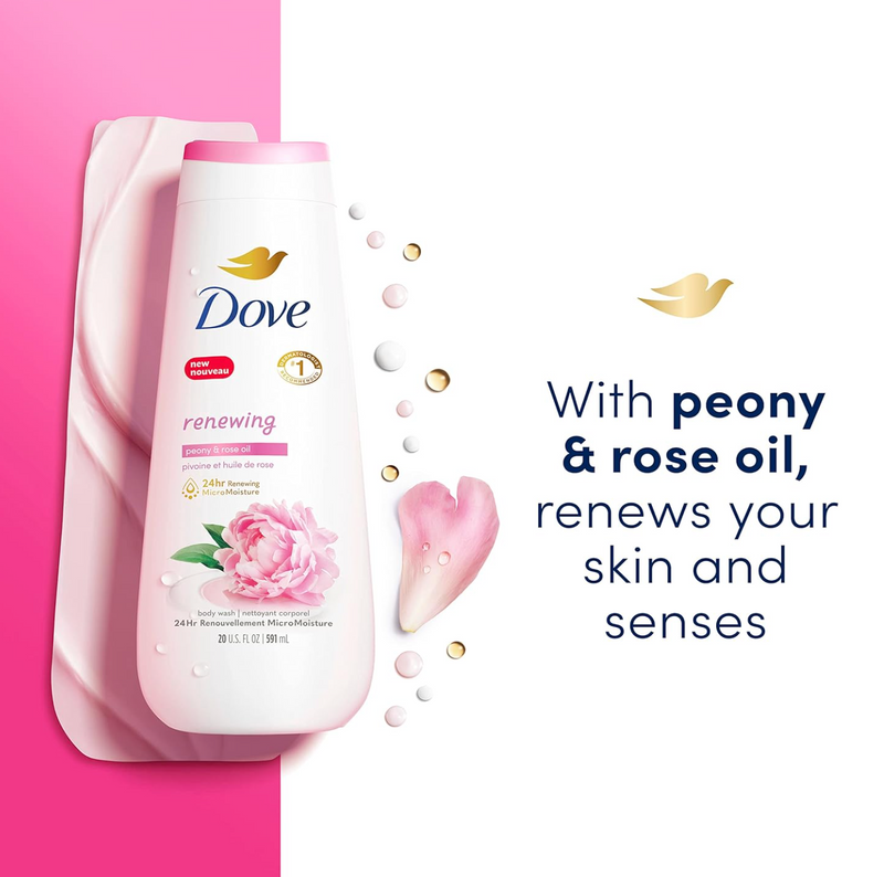 Dove Body Wash Renewing Peony and Rose Oil 4 Count for Renewed, Healthy-Looking Skin Gentle Skin Cleanser with 24hr Renewing MicroMoisture 20 oz