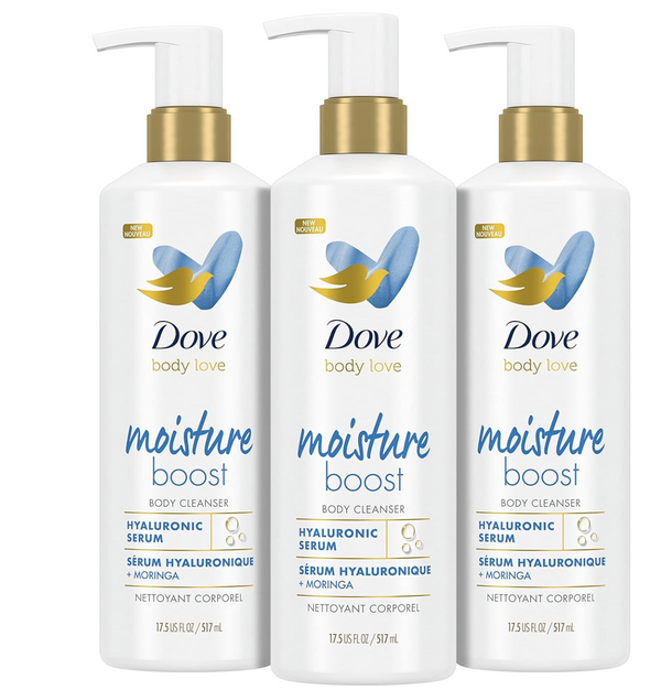 Dove Body Love Body Cleanser Moisture Boost 3 Count For Dry Skin Body Wash with Hyaluronic Acid and Moringa Oil 17.5 fl oz