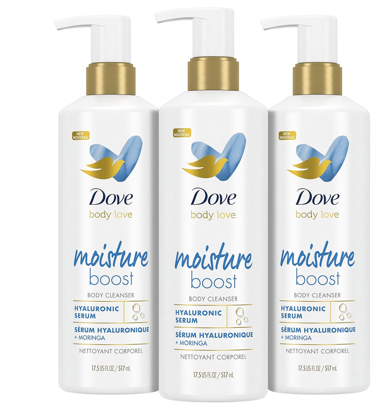 Dove Body Love Body Cleanser Moisture Boost 3 Count For Dry Skin Body Wash with Hyaluronic Acid and Moringa Oil 17.5 fl oz